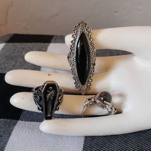 Set of 3 Silver & Black Goth Alt Witchy Rings